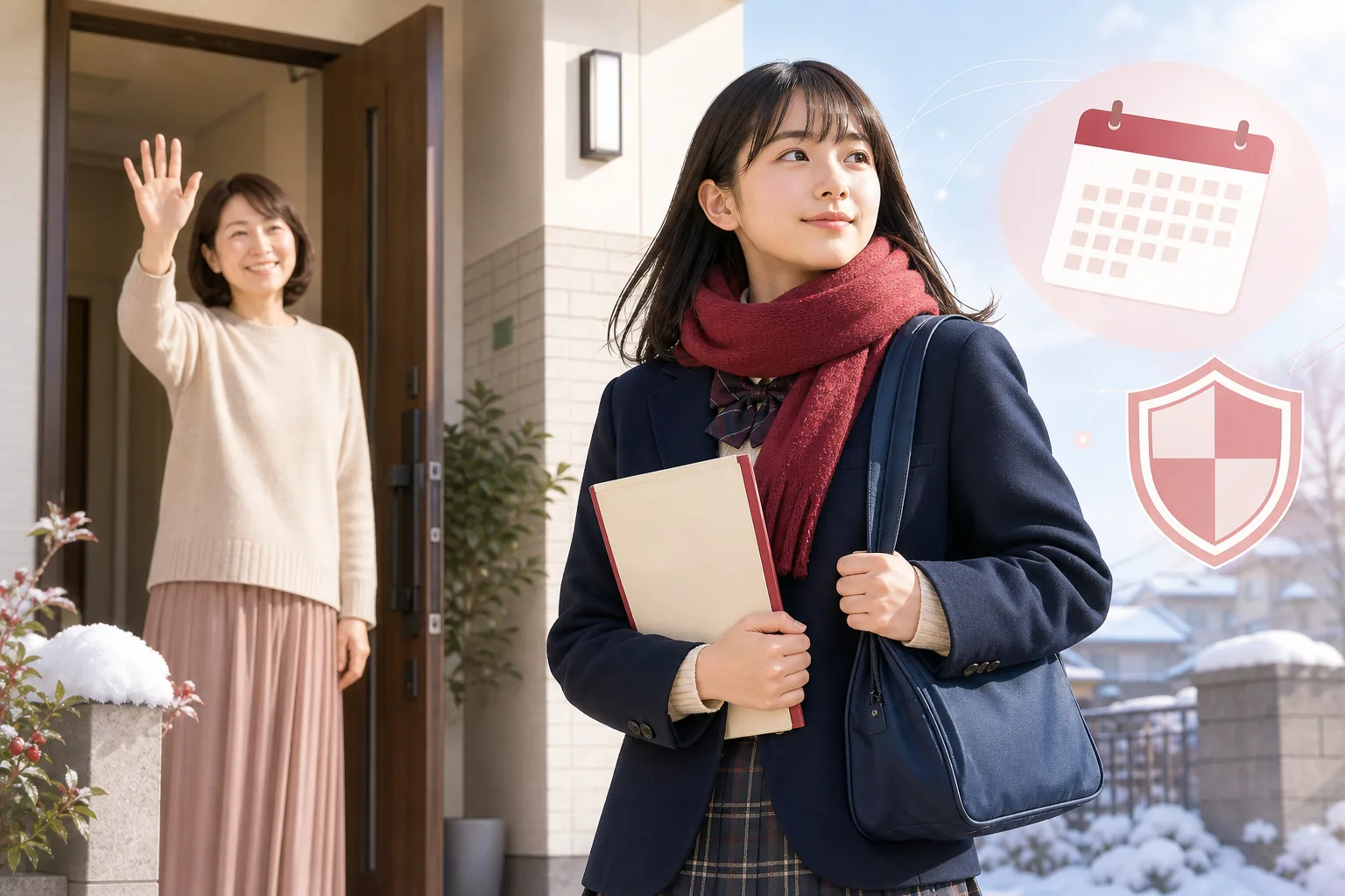 冬の受験日に自宅を出発する制服姿の受験生