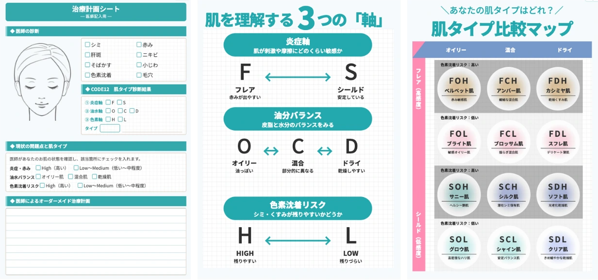 治療計画シート、肌を理解する3つの軸、肌タイプ比較マップ